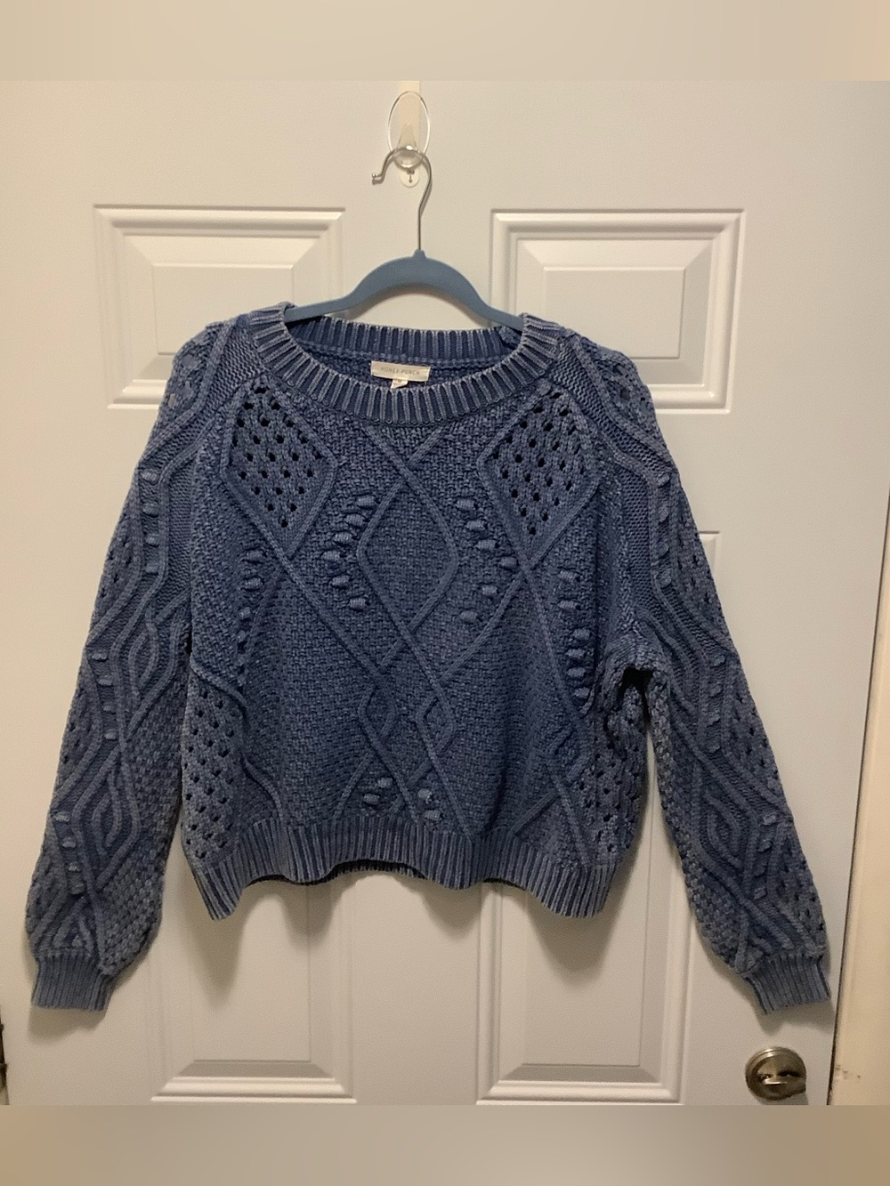 Honey Punch| M Washed Cotton Blend Fisherman Open Knit  Cable Crewneck Sweater